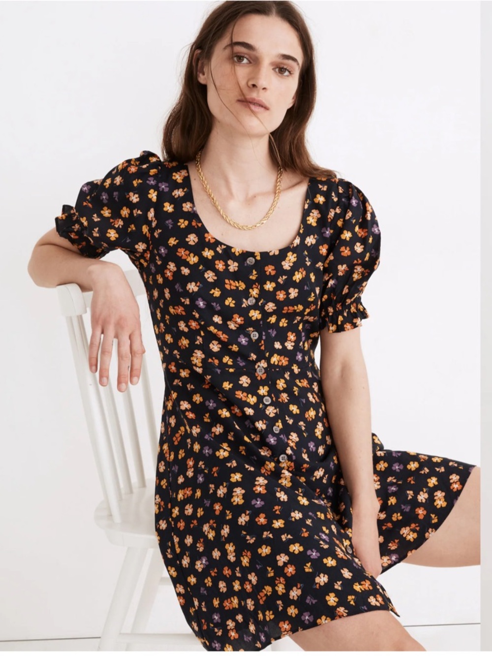 Madewell Smock-Sleeve Button-Front Mini Dress in Happy Hibiscus Size‎ 12
